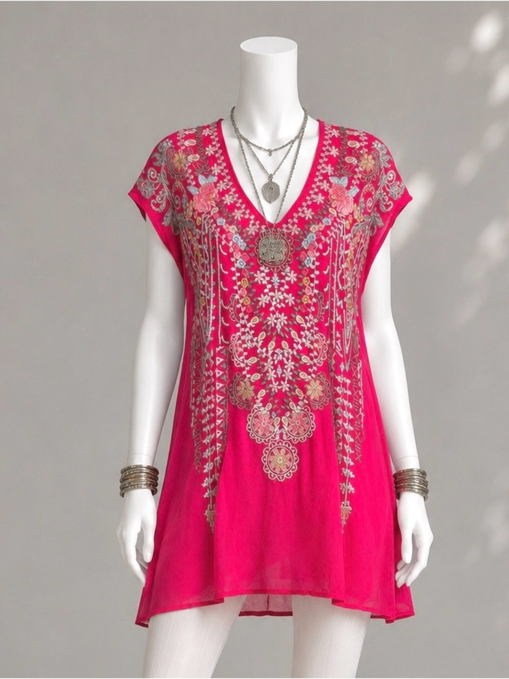 Johnny Was Floral Embroidered Boho Tunic Karineh Pomegranate Pink Fairy Top - Picture 11 of 13